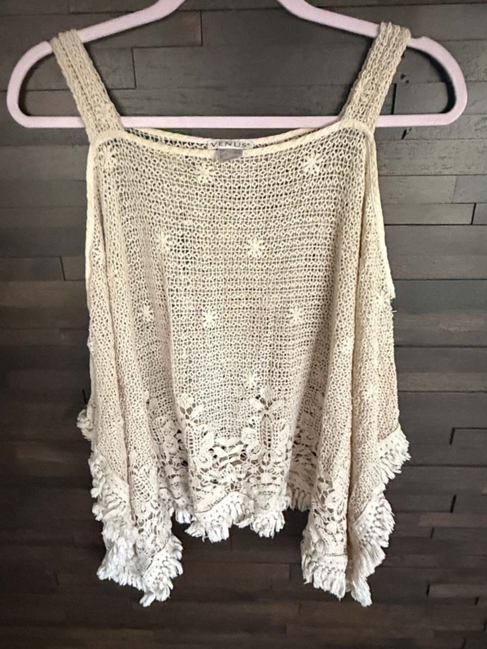 VENUS Crochet Fringed Open-Knit Camisole in Beige/ medium